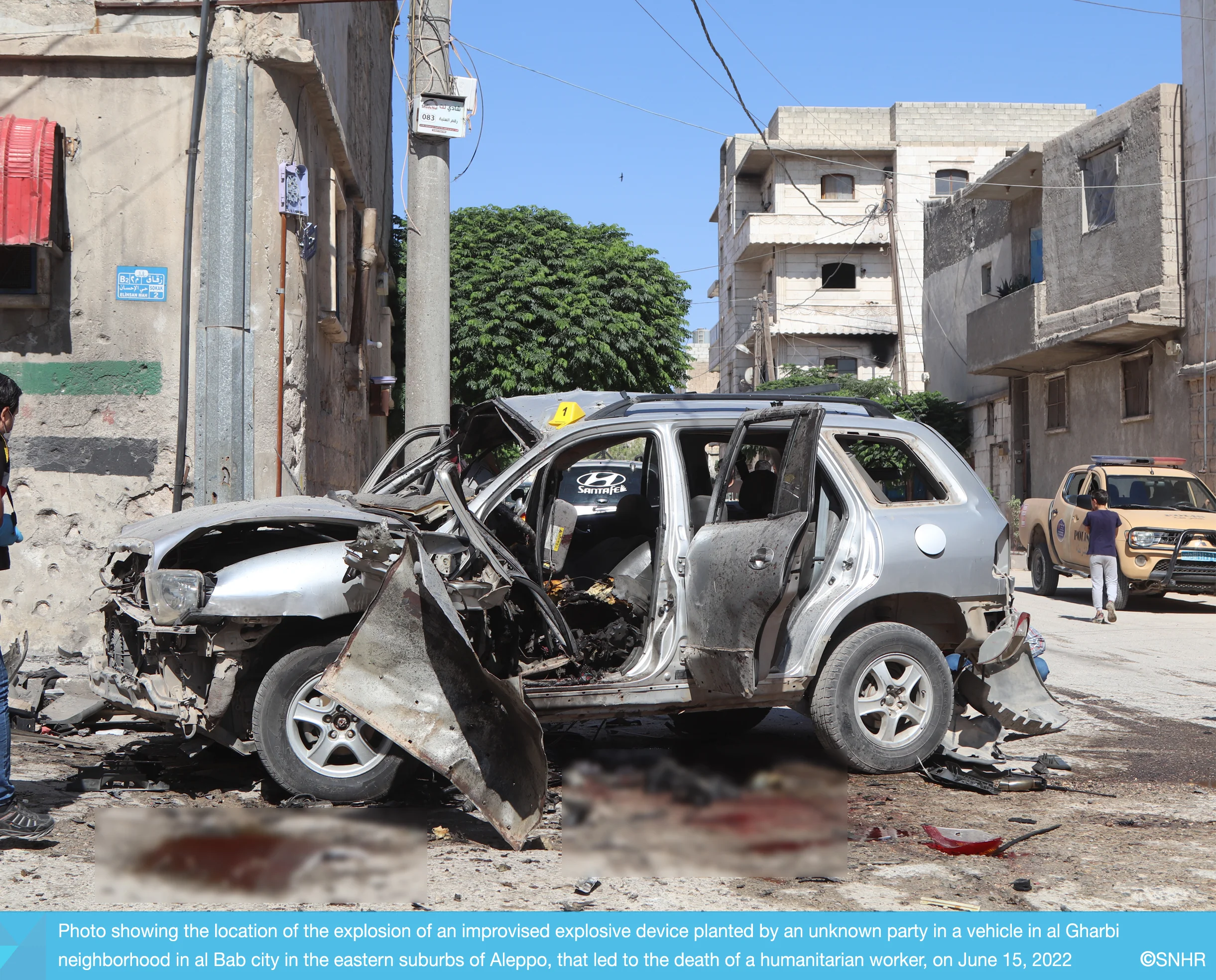 Exclusive photo for SNHR showing the vehicle after the IED explosion in the city