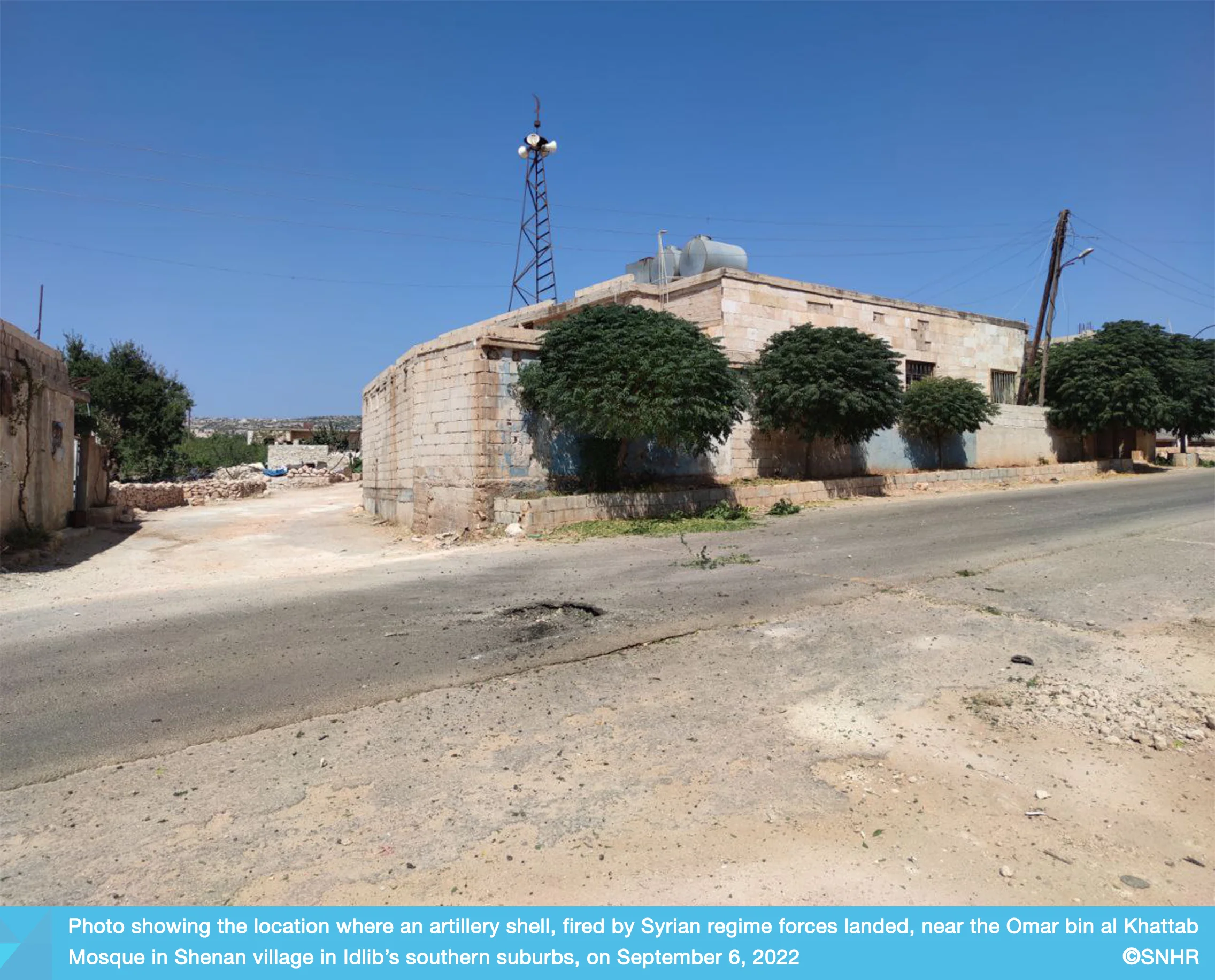Damage near a mosque due to syrian regime shelling on Idlib suburbs