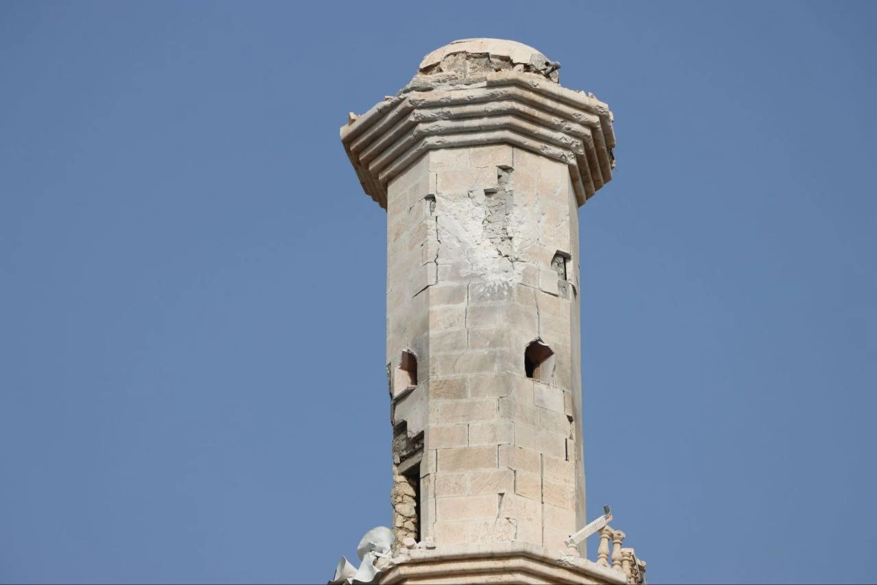 Syrian regime forces bomb the Grand Mosque in Ma’ar Ballit village, S. Idlib, February 10, 2024