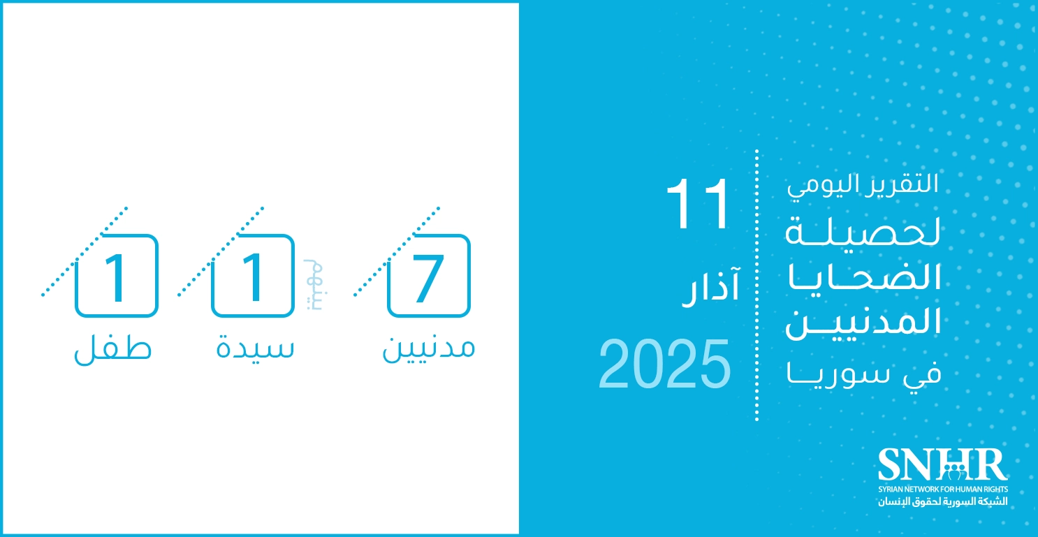 وثقت الشبكة السورية لحقوق الإنسان مقتل 7 مدنيين، بينهم طفل وسيدة، خارج نطاق القانون على يد جهات لم نتمكن من تحديد هويتها، وذلك في يوم الثلاثاء 11-3-2025.